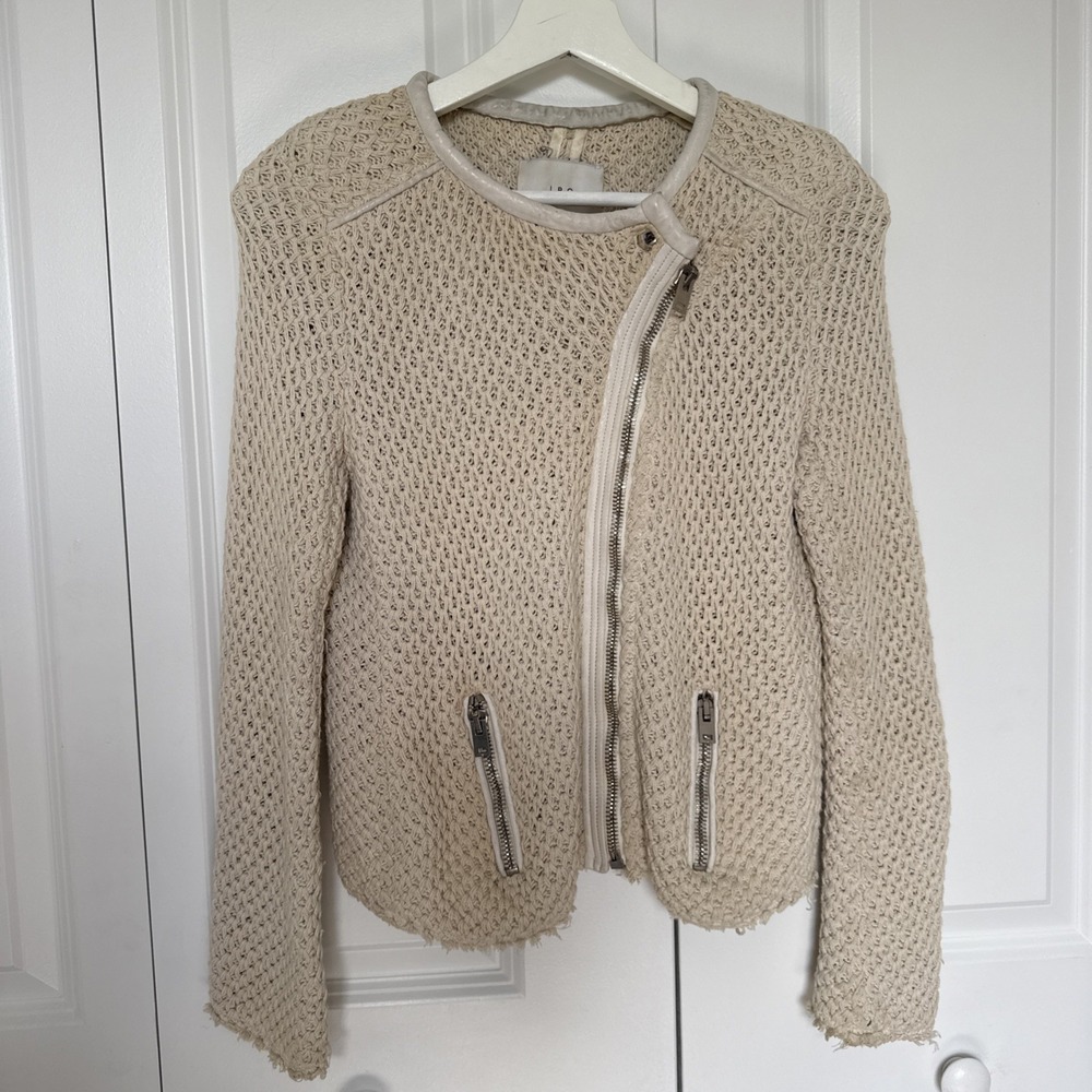 IRO Miali Off-White Cream Knit Leather Long Sleeve Moto Jacket Sz 2 (US 4/6)